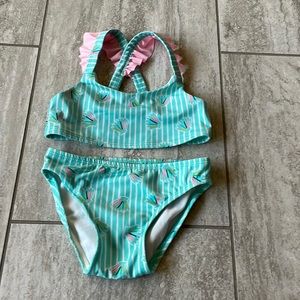 Cat & Jack 2pc swimsuit white green stripes with pink ruffles on-straps